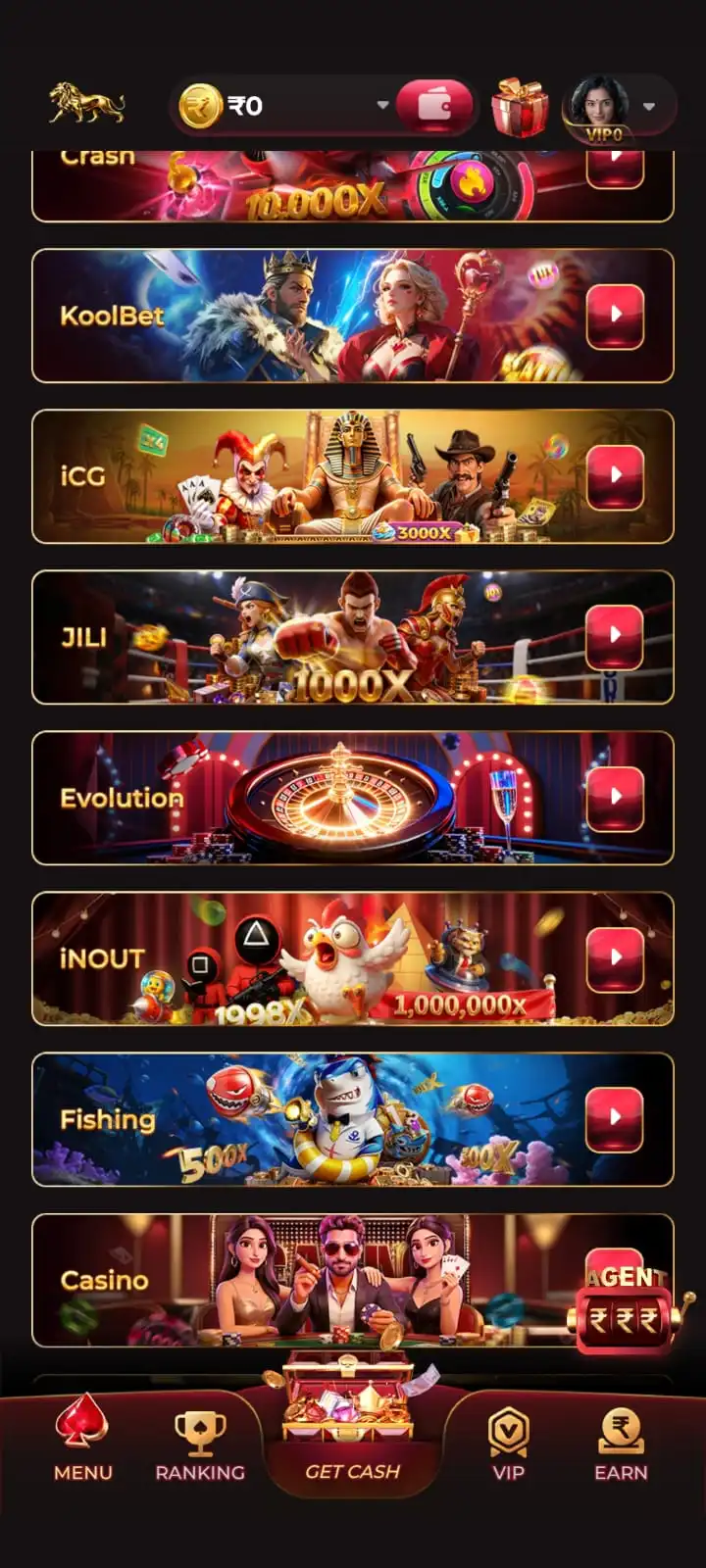MGM Game categories including Crash JILI and Casino