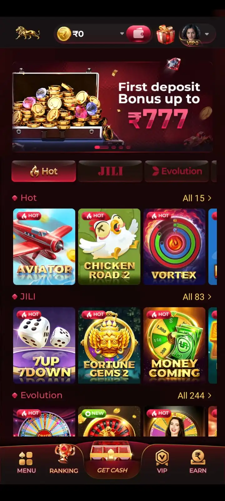 MGM Game Latest Version home screen with new games and first deposit bonus