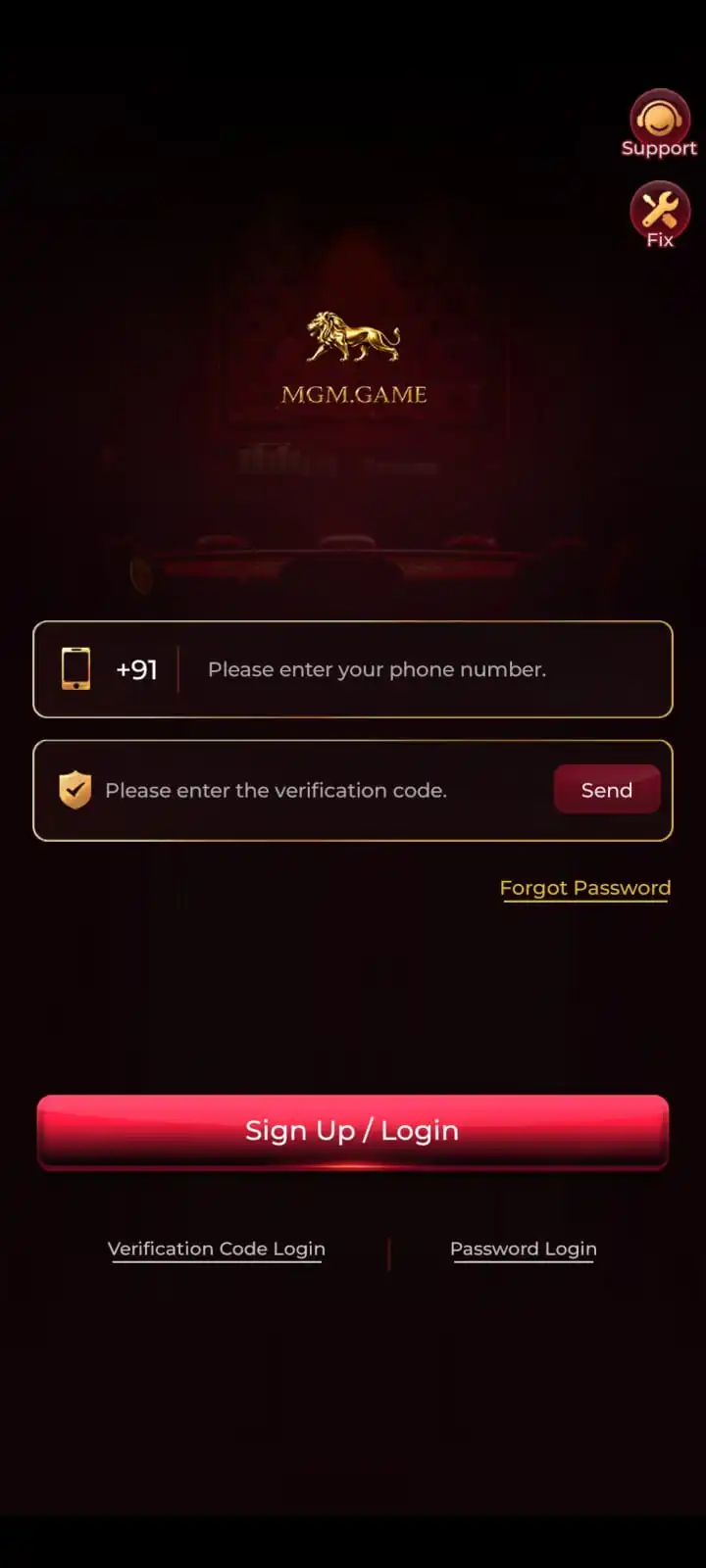 MGM Game Latest Version login screen with mobile number and verification code